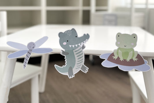 Crocodile themed accents/cut outs for classroom, party or craft. Stuck on a table for decoration.