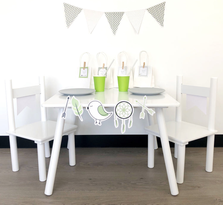 Mini Party Decoration Pack set up with party table and green cups in boho design