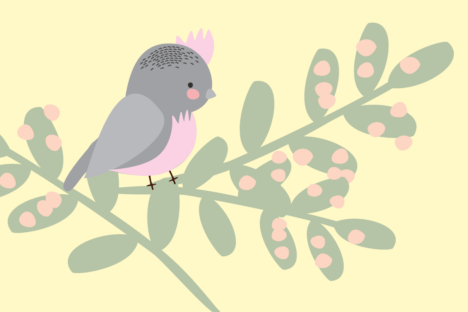 Illustration of a bird perched on a branch with pink berries on a light yellow background