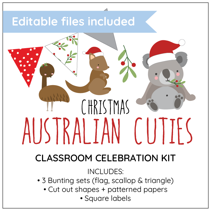 Christmas-themed classroom celebration kit with Australian animals and editable files included.