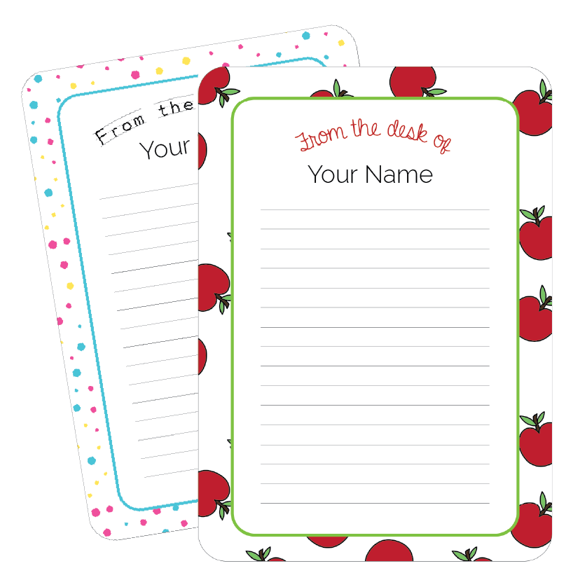 Two customisable note papers with apple designs and text on a white background