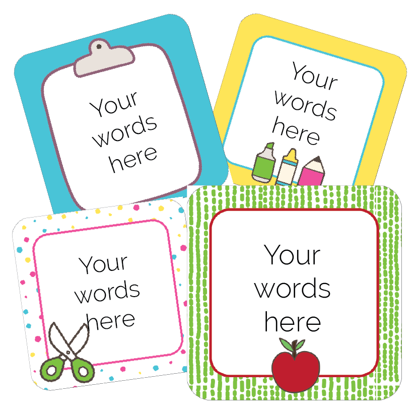 Four colourful editable labels with text and school supply graphics on a white background