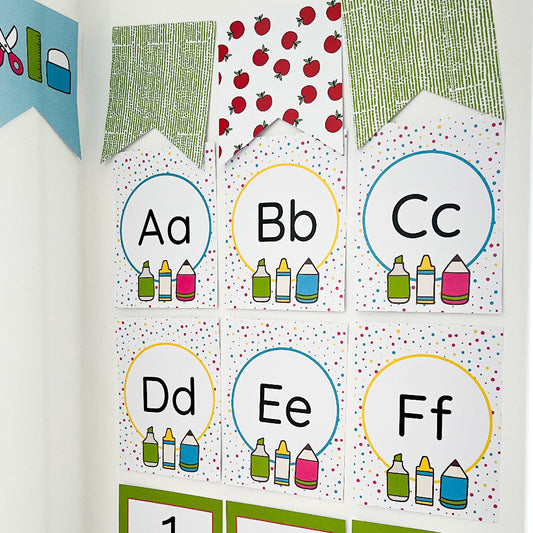 Educational alphabet cards with letters Aa, Bb, Cc, Dd, Ee, Ff and corresponding illustrations.
