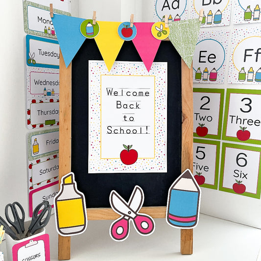 Decorative school-themed frame with 'Welcome Back to School!' text and educational elements.