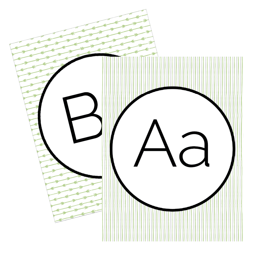 Two circular letter cards with 'B' and 'A' on a green striped background