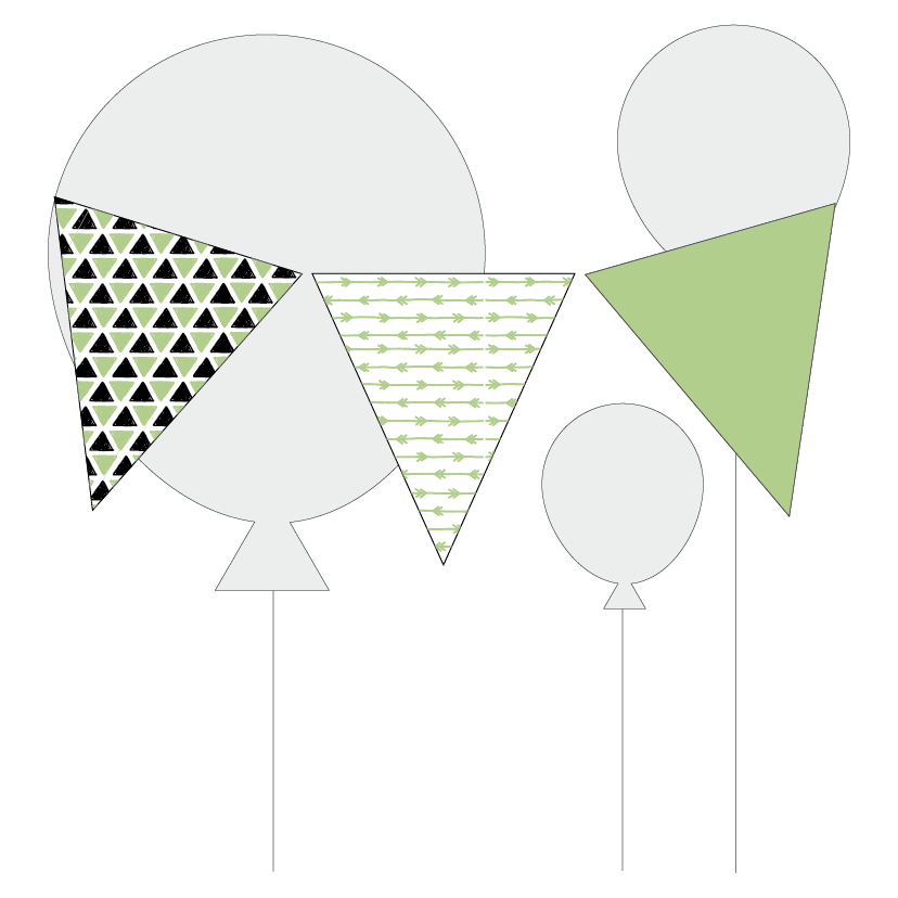 Green and black bunting flags with geometric shapes in front of balloons on a white background