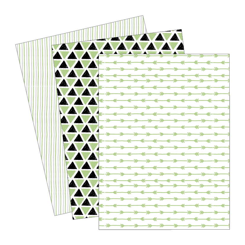 Set of three patterned paper sheets with green and black designs on a white background