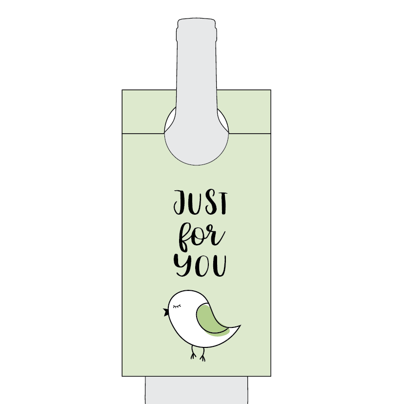 Gift tag with a bird illustration and 'Just for You' text on a light green background
