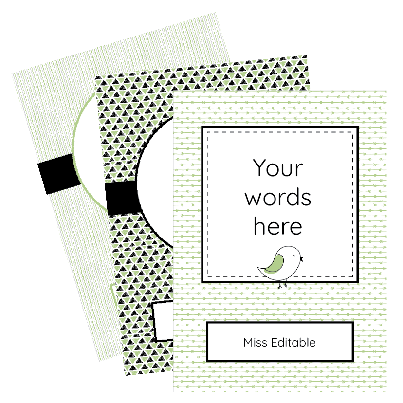 Notebook with geometric pattern and customizable text area on a white background
