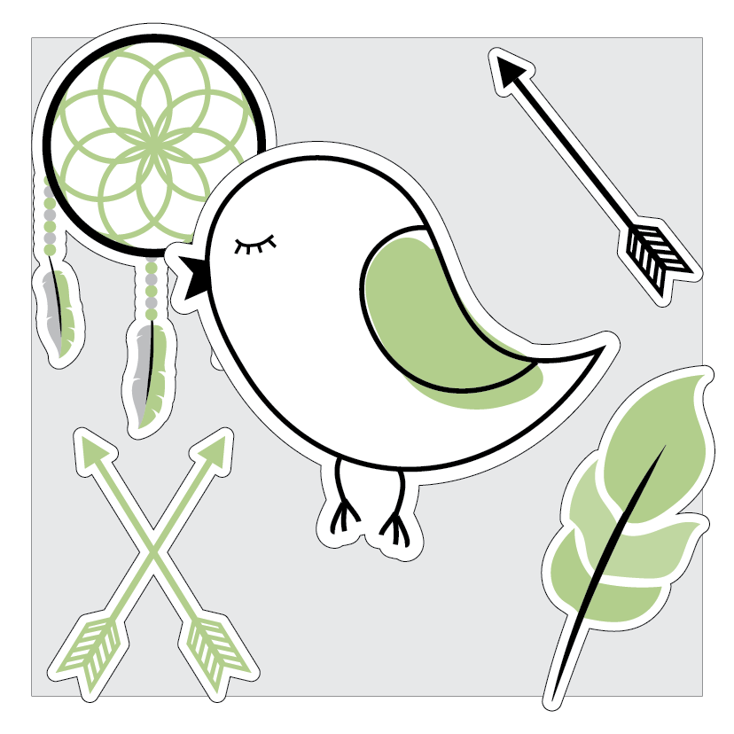 Bulletin Board design with a bird, dreamcatcher, arrows, and leaf on a grey background