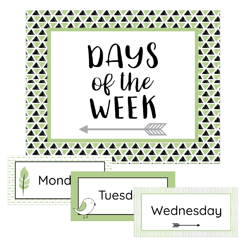 Educational posters for days of the week with geometric design and green accents.