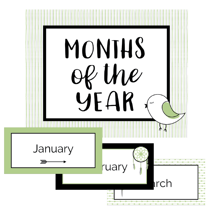 Educational poster with 'Months of the Year' text and small illustrations on a white background.