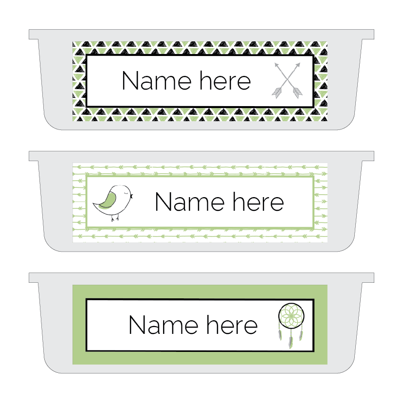Three name label templates with geometric and nature-themed designs on a white background.