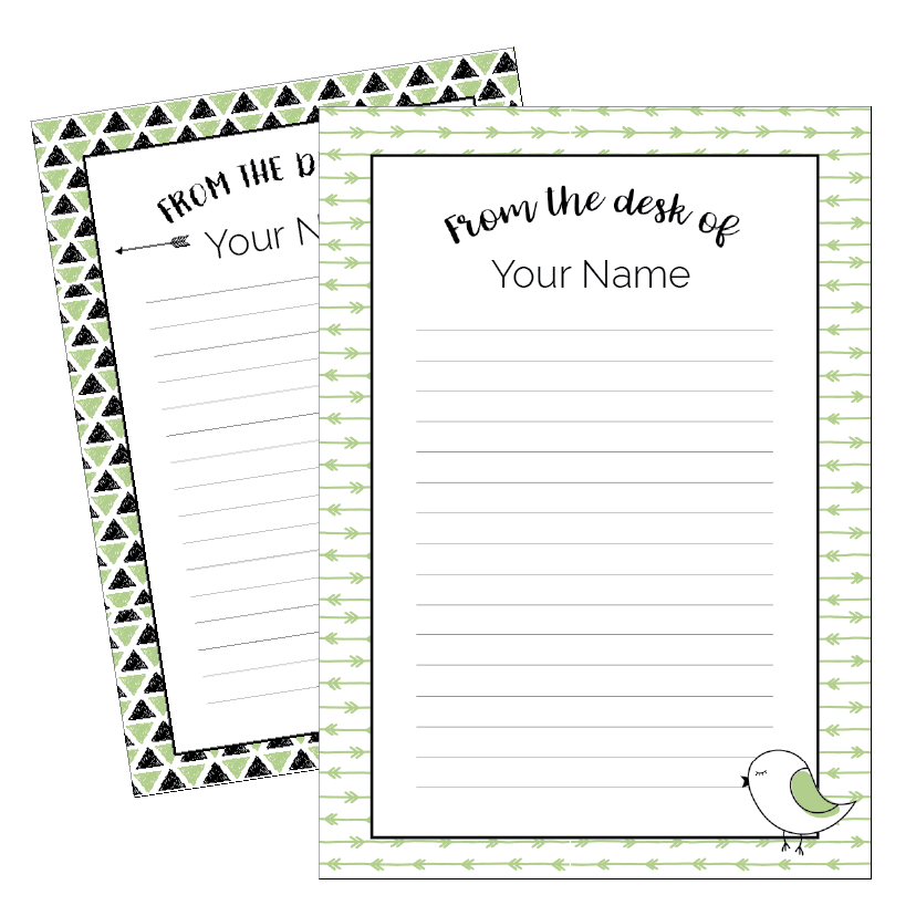 Two lined paper sheets with decorative borders and text, one featuring a bird illustration.