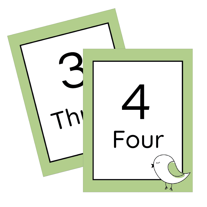 Two educational cards with numbers and words on a white background