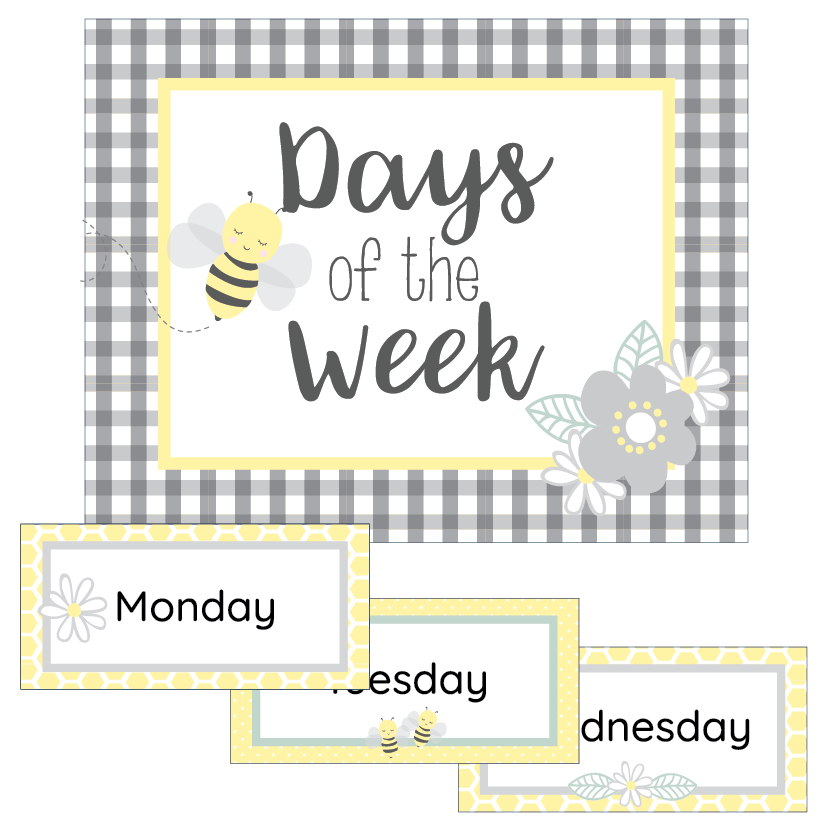 Educational posters for 'Days of the Week' with a yellow and grey bee and flower design on a checkered background.