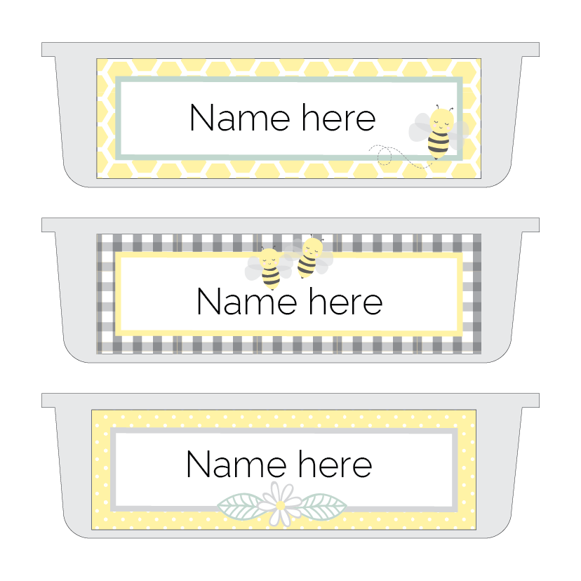 Three name label templates with bee and floral designs on a white background