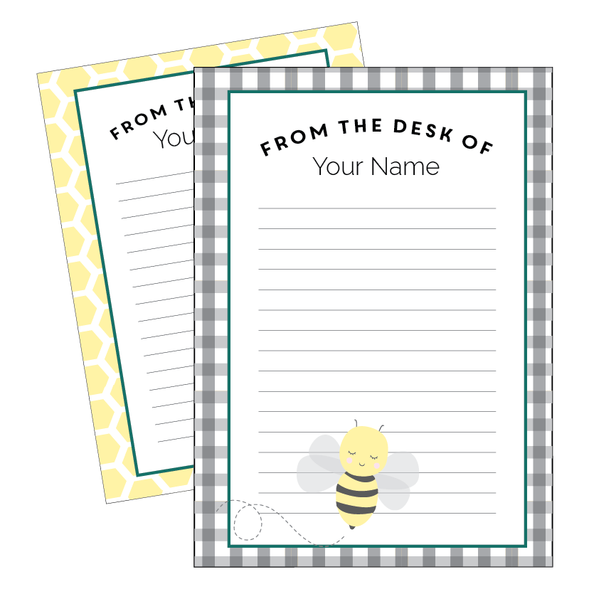 Two note paper sheets with a bee design and 'From the Desk of' text on a white background.