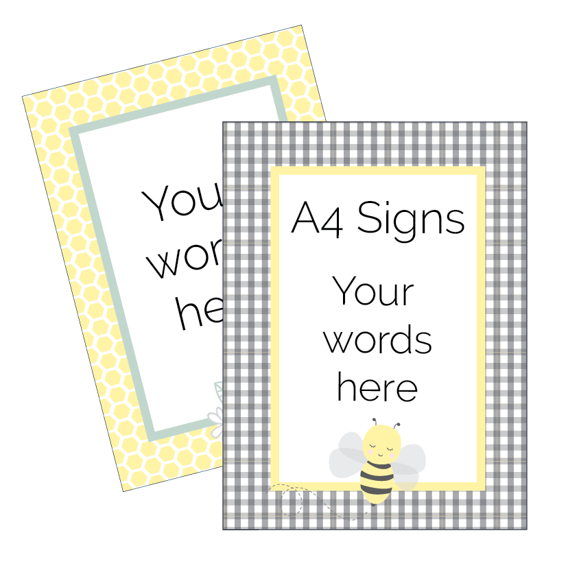 Two A4 sign templates with yellow polka dot and gingham borders, featuring space for text and a bee illustration.