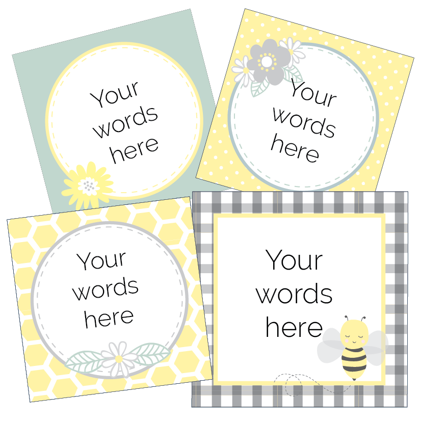 Four customisable cards with floral and bee designs on a white background