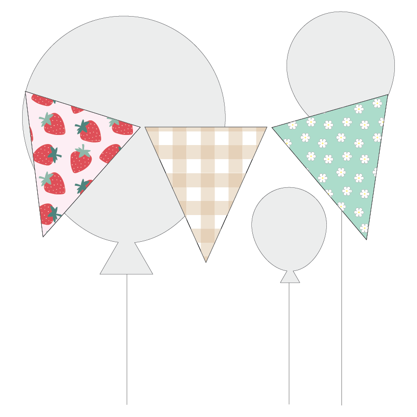 Decorative triangle bunting flags with strawberry, plaid, and floral patterns on a white background