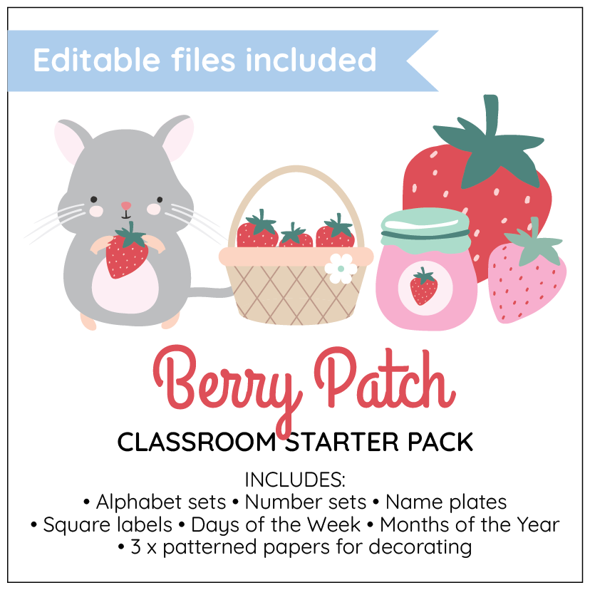 Berry Patch Classroom Starter Pack with cartoon hamster, basket of strawberries, and jar on a white background.