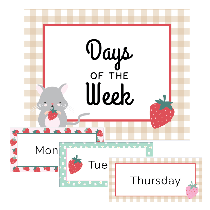 Days of the Week chart with cartoon mouse and strawberries on a checkered background