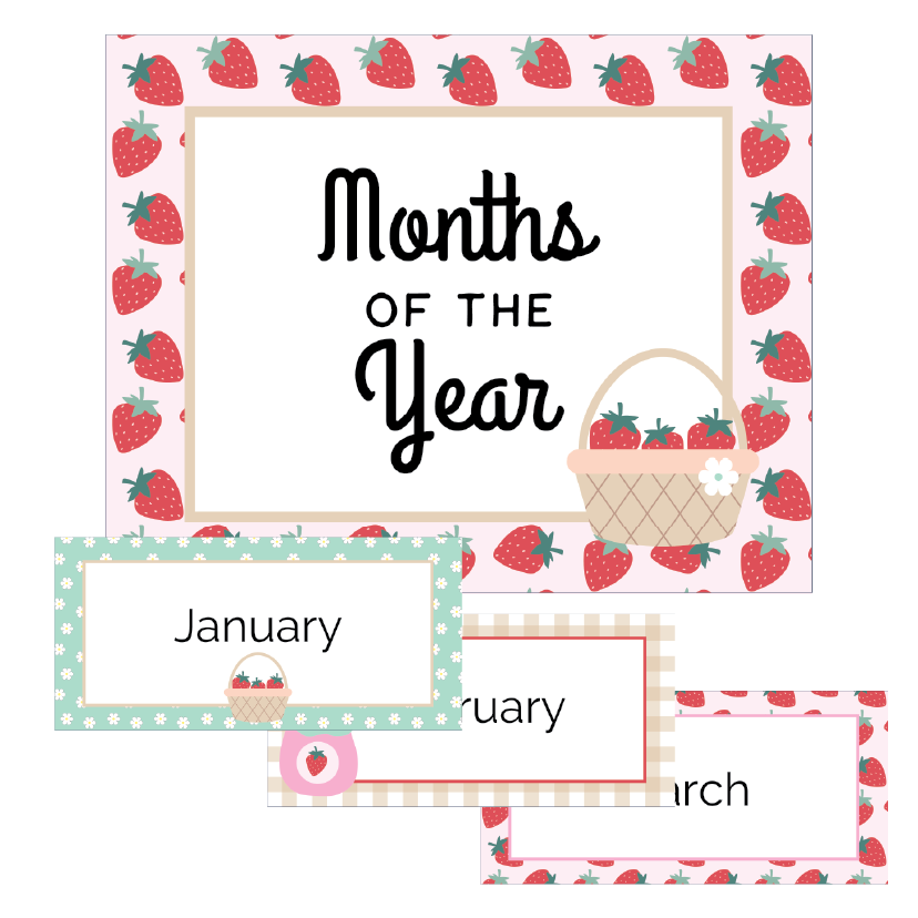 Months of the Year educational chart in a strawberry theme on white background