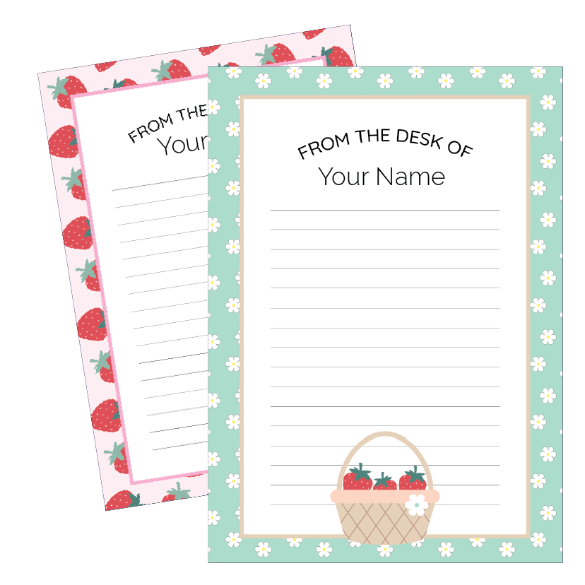 Two note paper sheets with strawberry designs on a white background