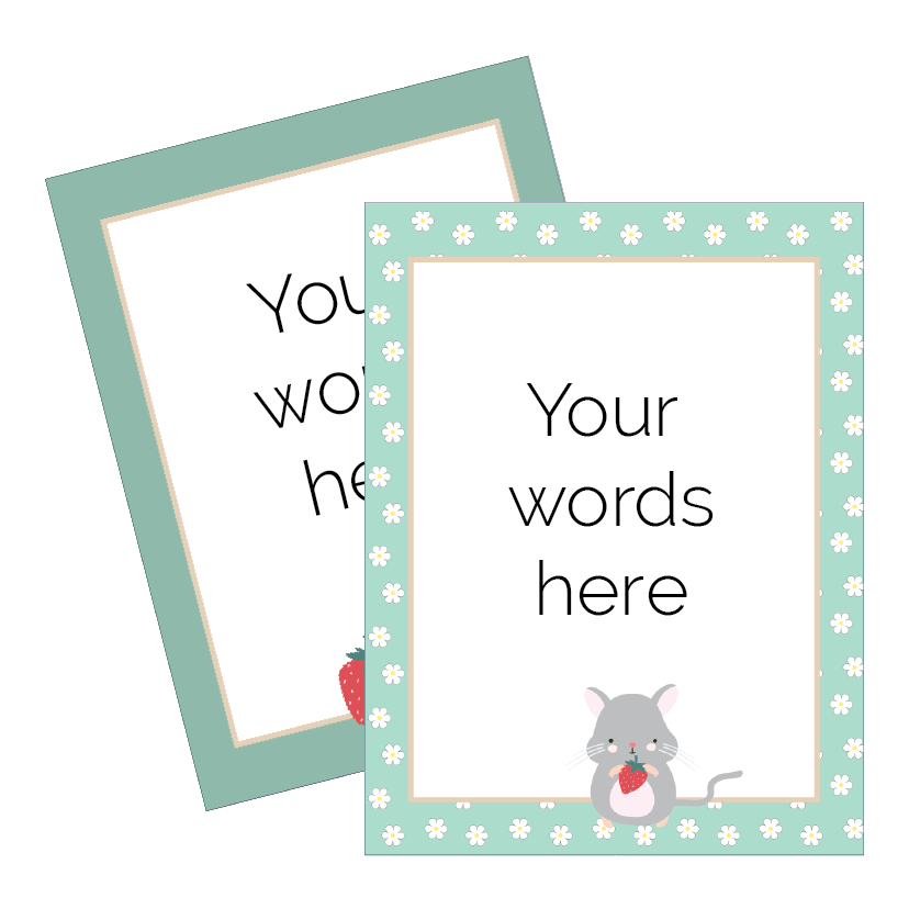 Two customizable classroom signs with a mouse and strawberry design on a white background