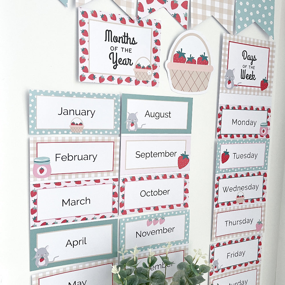 Educational posters for months of the year and days of the week with strawberry theme.