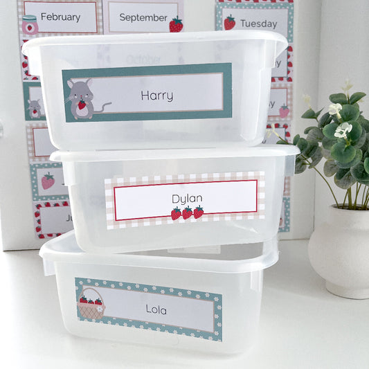 Three clear storage tubs for classroom with personalised labels on a white surface.