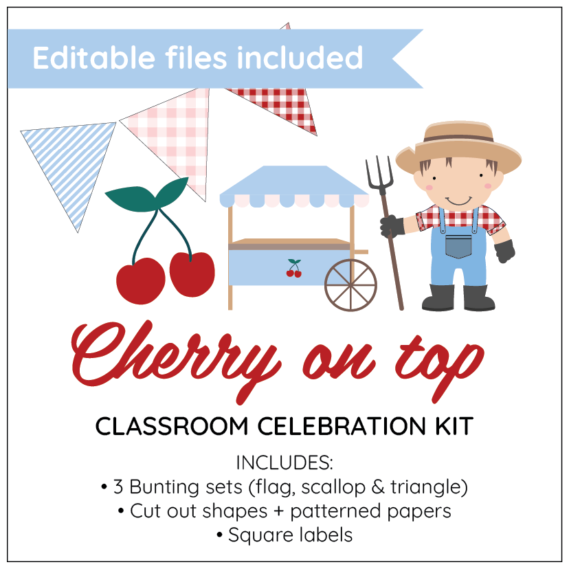 Cherry On Top classroom theme header tile with farmer, market stand and cherries.