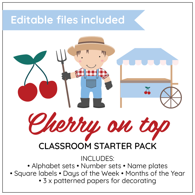 Classroom starter pack with a farmer character, cherry theme, and editable files included.