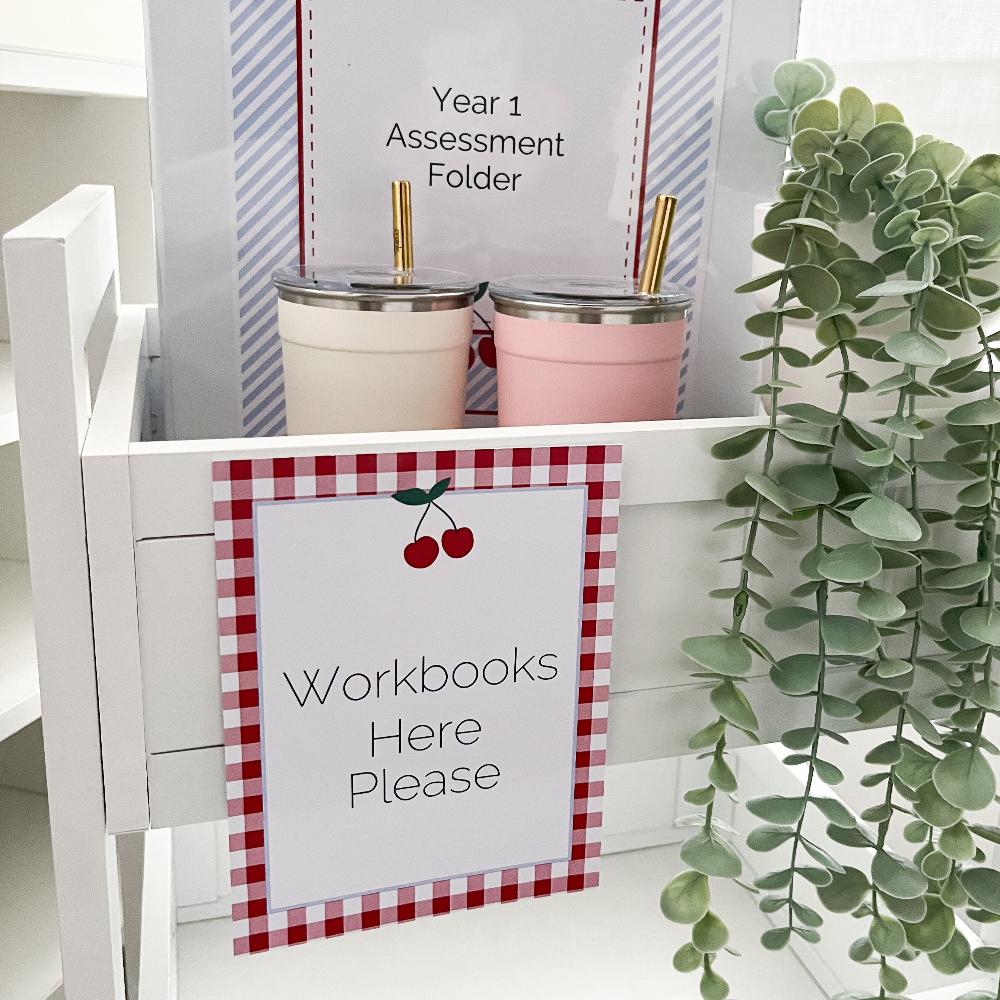 Small classroom sign printable in cherry theme.