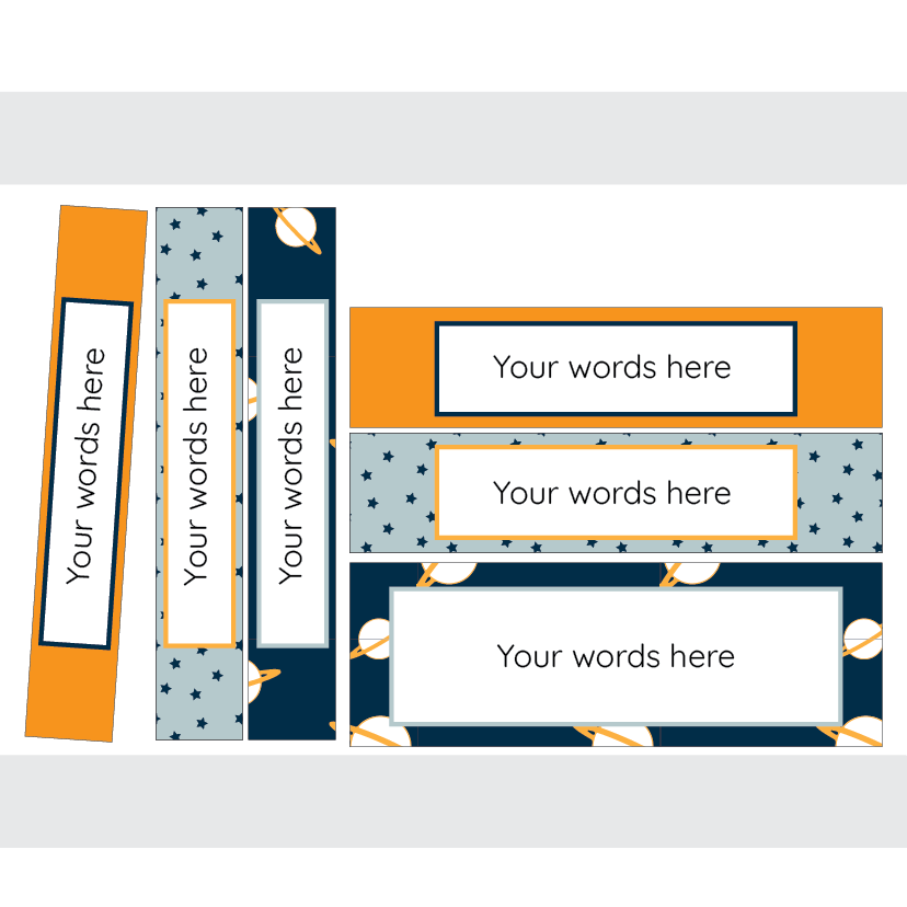 Set of customisable labels with space-themed designs on a white background