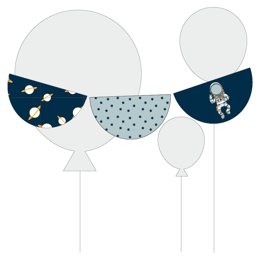 Decorative scalloped bunitng with space-themed designs on a white background