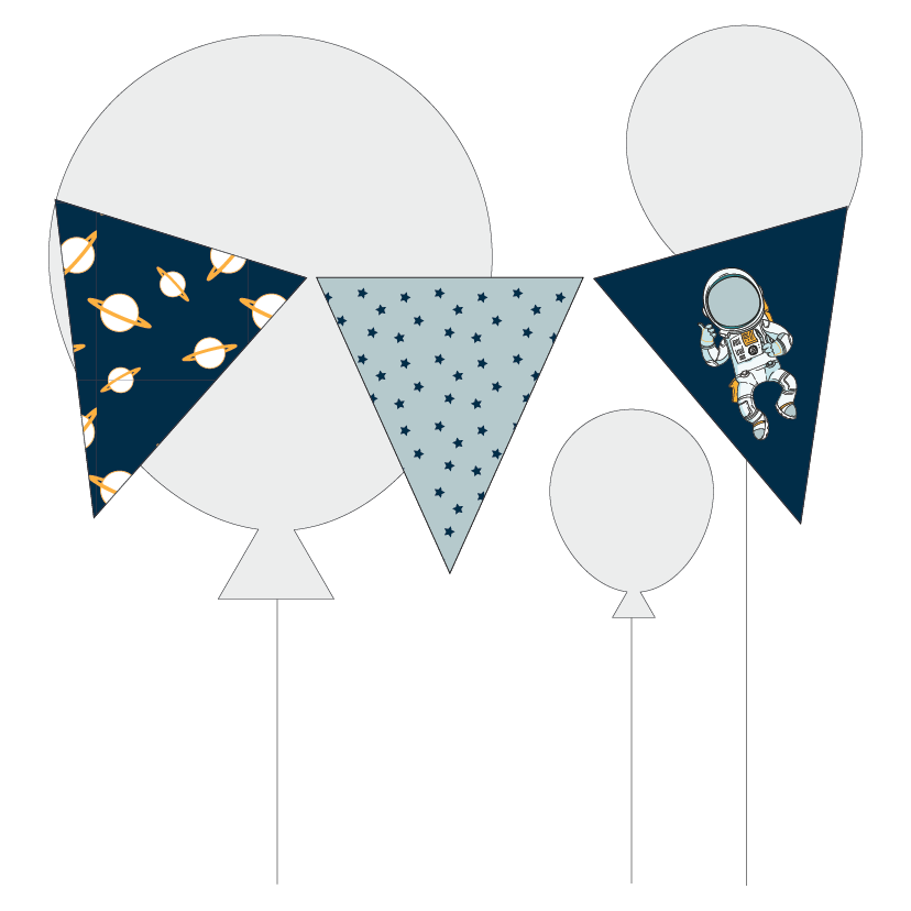 Decorative flags with space-themed designs against a white background