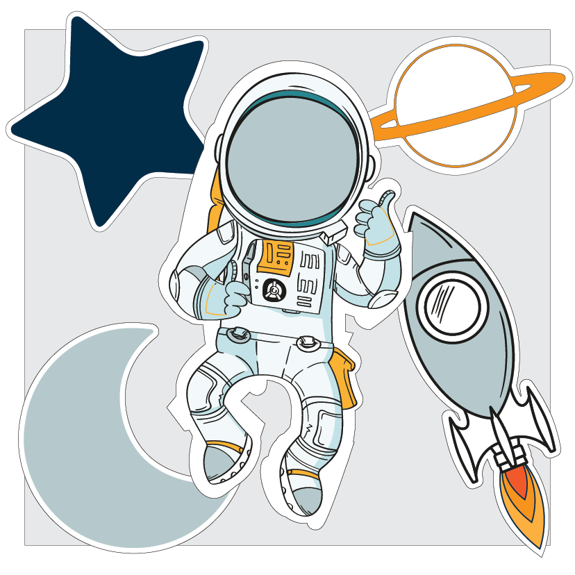 Illustration of an astronaut with space-themed classroom elements on a light grey background