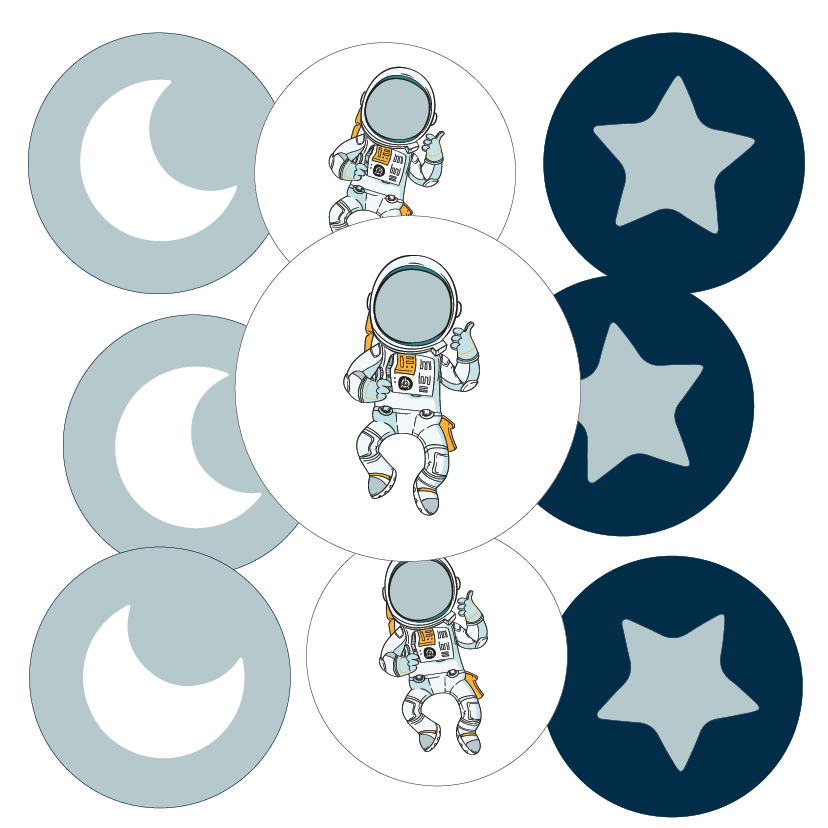 Illustrations of astronauts, stars and moon on a white background
