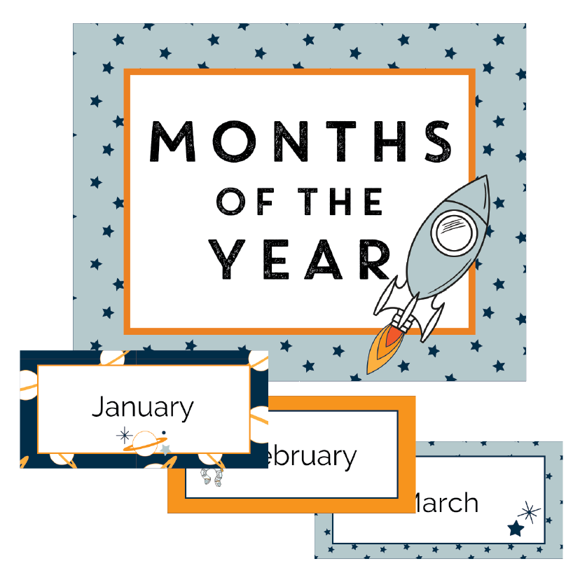 Educational poster with months of the year and a rocket illustration on a blue starry background.