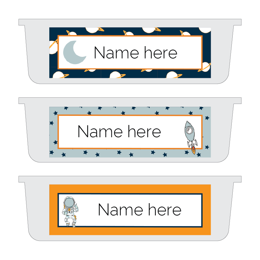Three name label templates with space-themed designs on a white background.