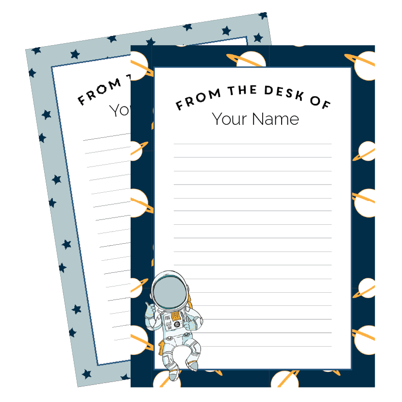 Two sheets of paper with astronaut design and 'From the Desk of' text on a white background