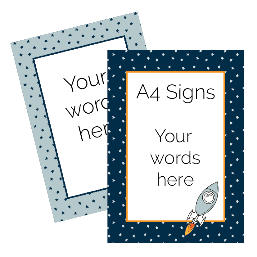 Two A4 signs with star patterns and customisable text areas on a white background.