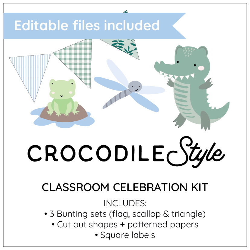 Classroom celebration kit with crocodile, frog, and dragonfly graphics and 'Crocodile Style' branding.