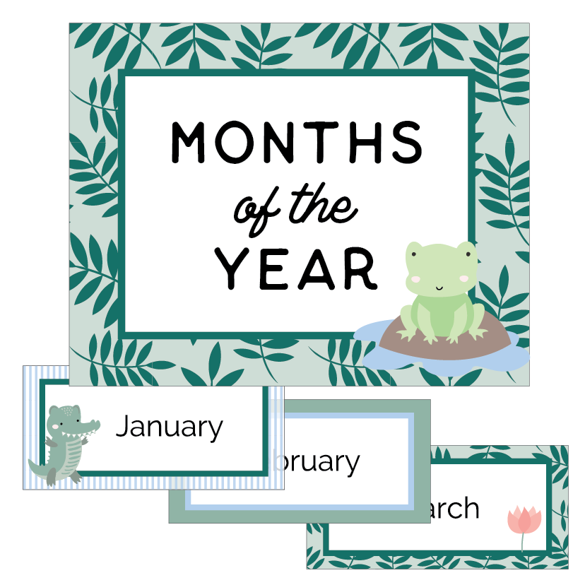 Printable Months of the Year chart with a green and blue background, featuring a cute crocodile on the January card, a frog on the February card, and so on, until the year is complete.