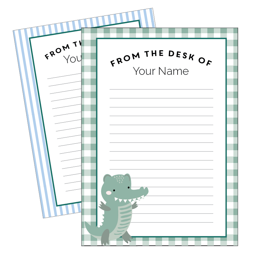 Two sets of note paper with a crocodile design, one with stripes and one with a leafy pattern, both featuring a crocodile and the text 'From the desk of your name.'.