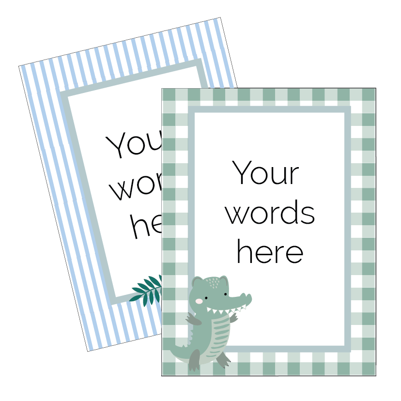 Two customizable cards with alligator or crocodile design and text placeholder on a white background