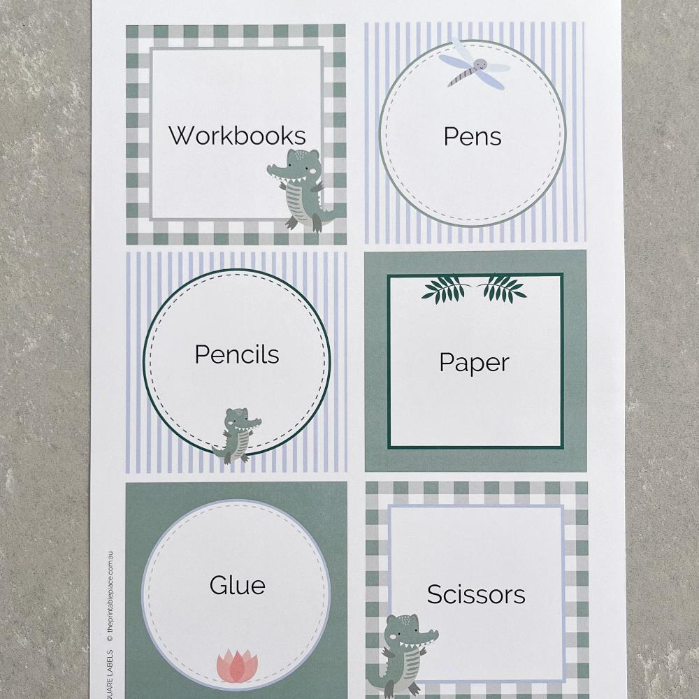Classroom customisable labels displayed on grey bench in a Crocodile theme.