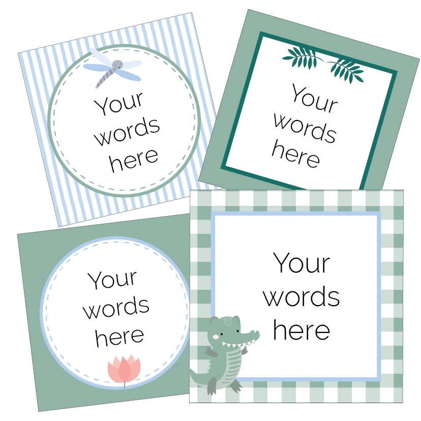 A set of six square labels with various designs including a crocodile, a frog, a dragonfly, a flower, and a jungle leaf, and placeholders for words.